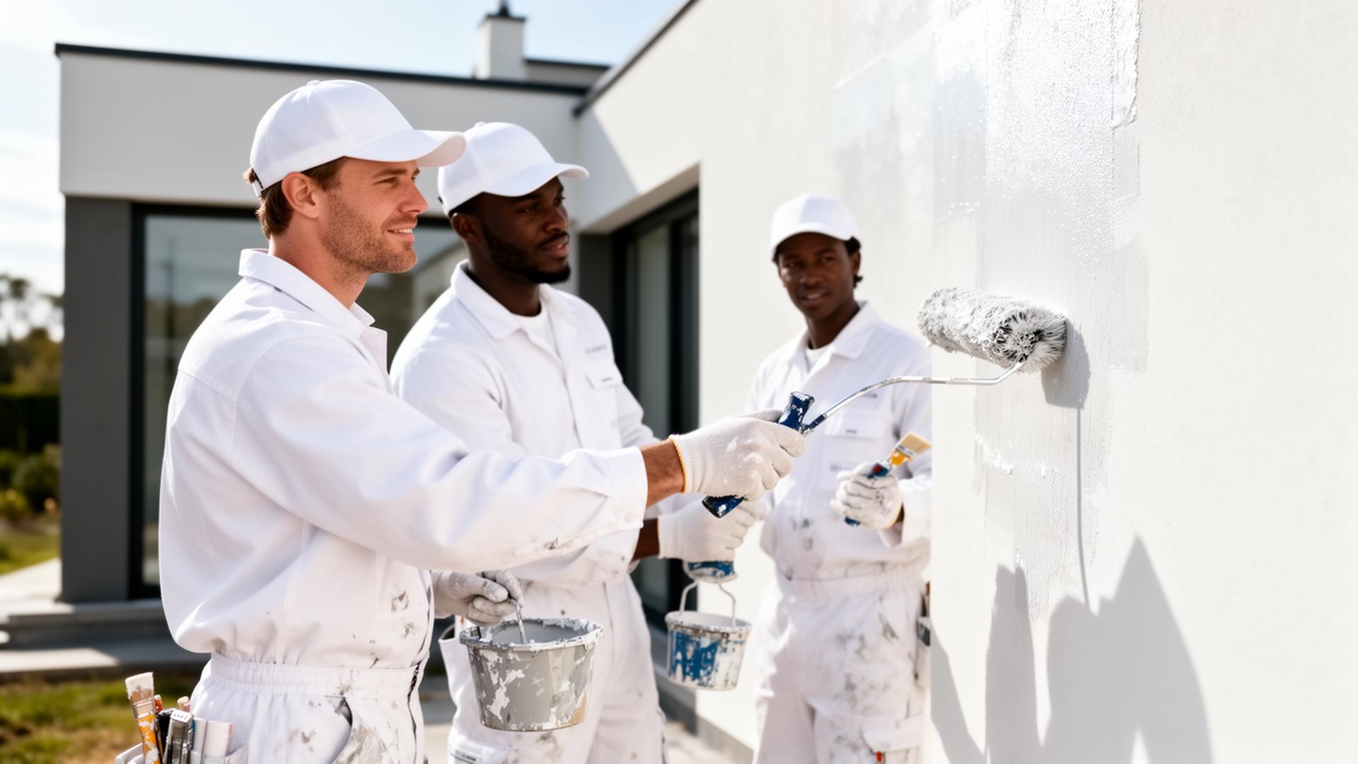 Diverse team of painters in white uniforms working on a modern home